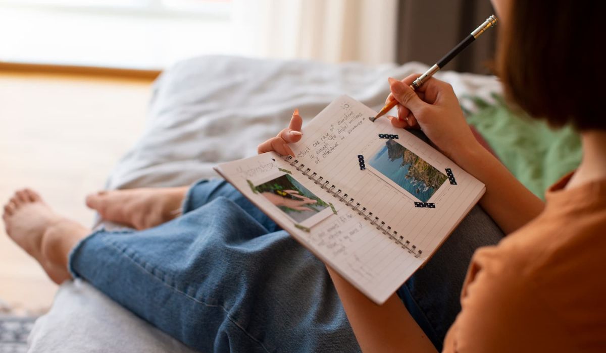 side view woman doing journaling
